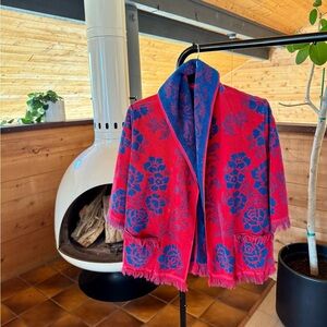 Vintage Terry Cloth Floral Patterned Jacket - Red and Blue